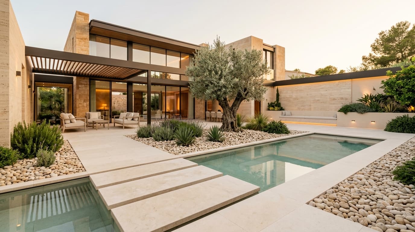 Architectural landscape design utilizing calibrated river pebbles and decorative stepping stones